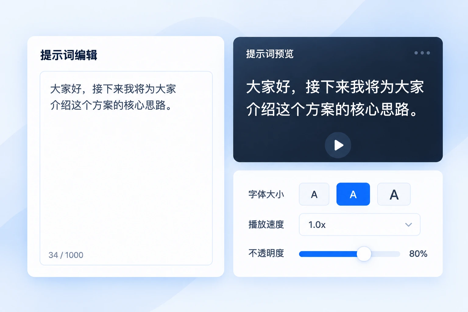 提示词功能示意：编辑讲稿、预览内容，调整字号、播放速度和不透明度